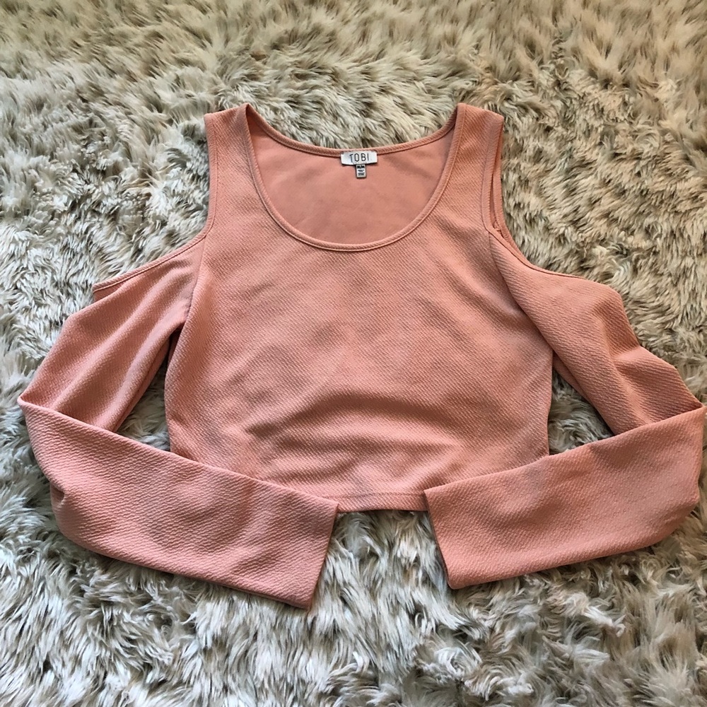 Tobi pink textured crop cold shoulder top